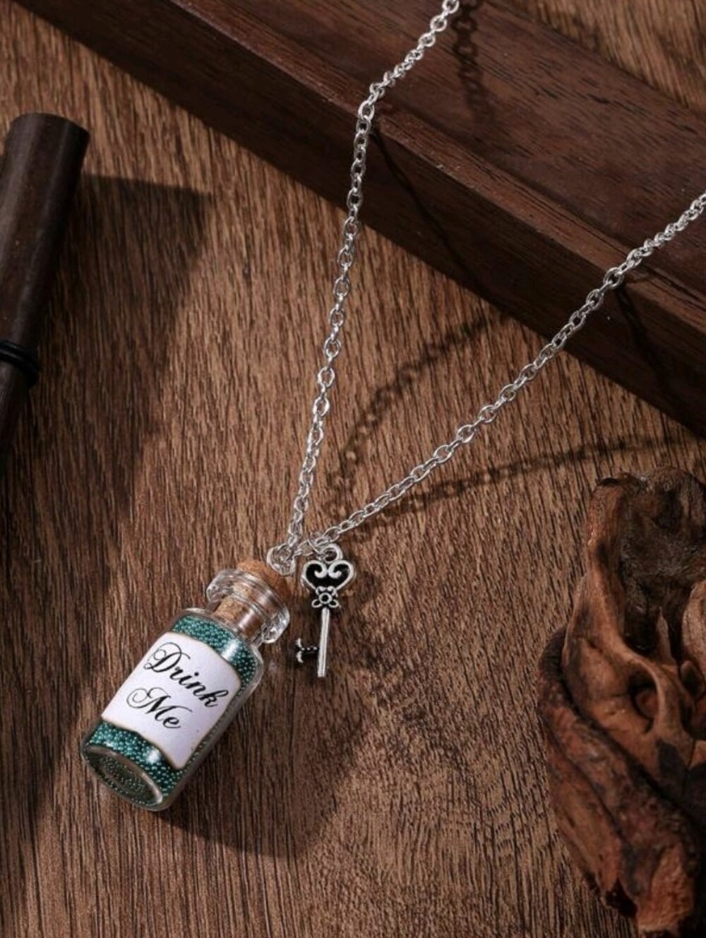 Alice In Wonderland Theme Adjustable Bottle Necklace w/ Key NEW